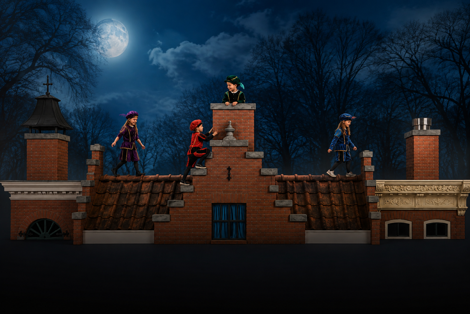 Sinterklaas en kinderen tijdens een bedrijfsbezoek in een feestelijke dakenstraat